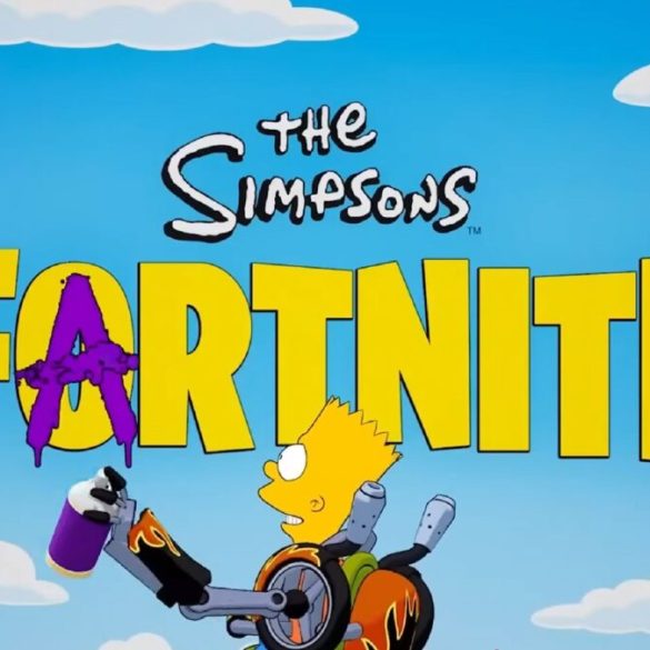 Homer et la famille Simpson plongent dans l’univers coloré de Fortnite, entourés de joueurs et d’explosions façon Battle Royale.