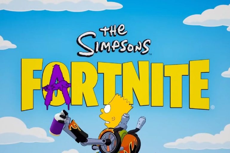 Homer et la famille Simpson plongent dans l’univers coloré de Fortnite, entourés de joueurs et d’explosions façon Battle Royale.