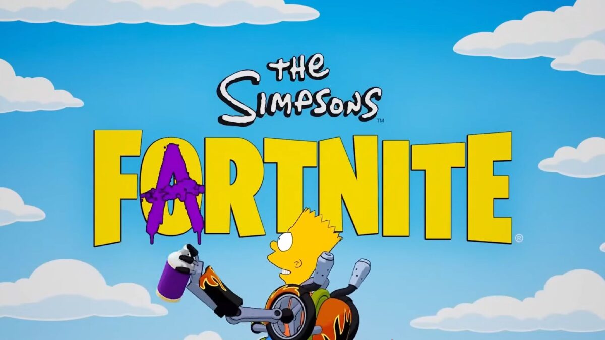 Homer et la famille Simpson plongent dans l’univers coloré de Fortnite, entourés de joueurs et d’explosions façon Battle Royale.