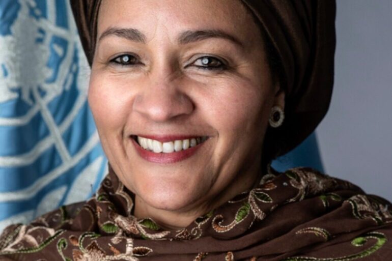 Portrait d’Amina J. Mohammed devant un drapeau des Nations unies