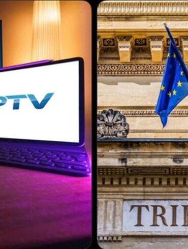 Écran IPTV et façade d’un tribunal français illustrant une condamnation pour piratage audiovisuel