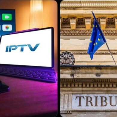 Écran IPTV et façade d’un tribunal français illustrant une condamnation pour piratage audiovisuel