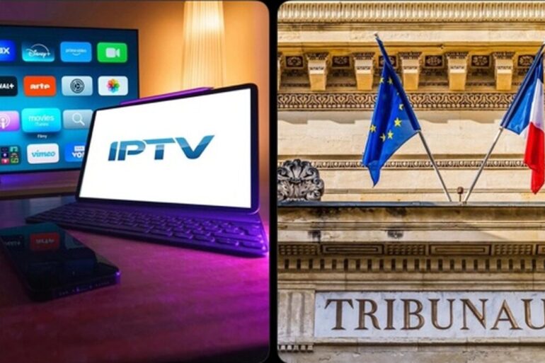 Écran IPTV et façade d’un tribunal français illustrant une condamnation pour piratage audiovisuel