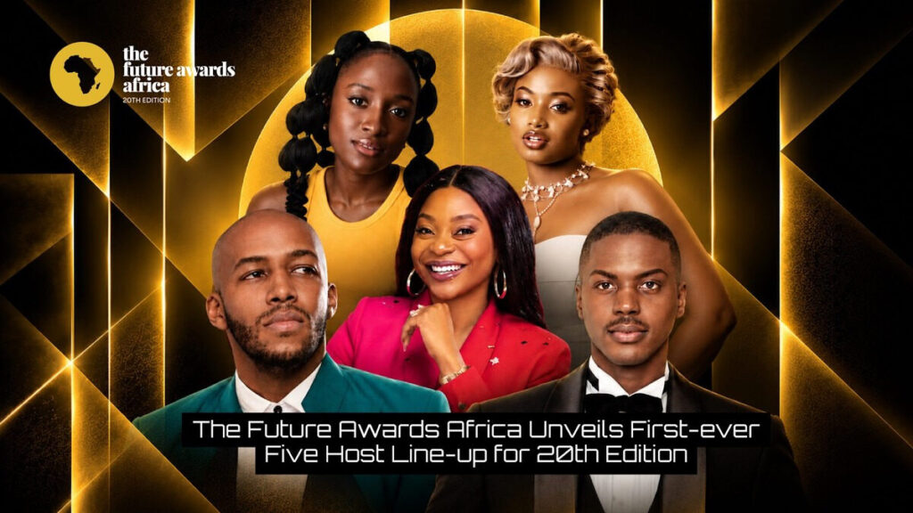 Les cinq animateurs annoncés pour la 20e édition de The Future Awards Africa, issus du Nigeria, de Tanzanie, du Malawi, du Botswana et du Kenya.