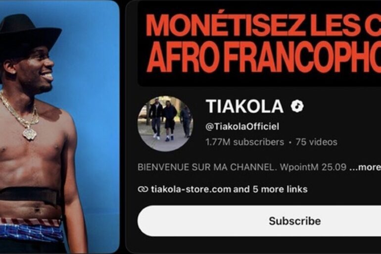 Tiakola et capture de sa chaîne YouTube avec un message sur la monétisation