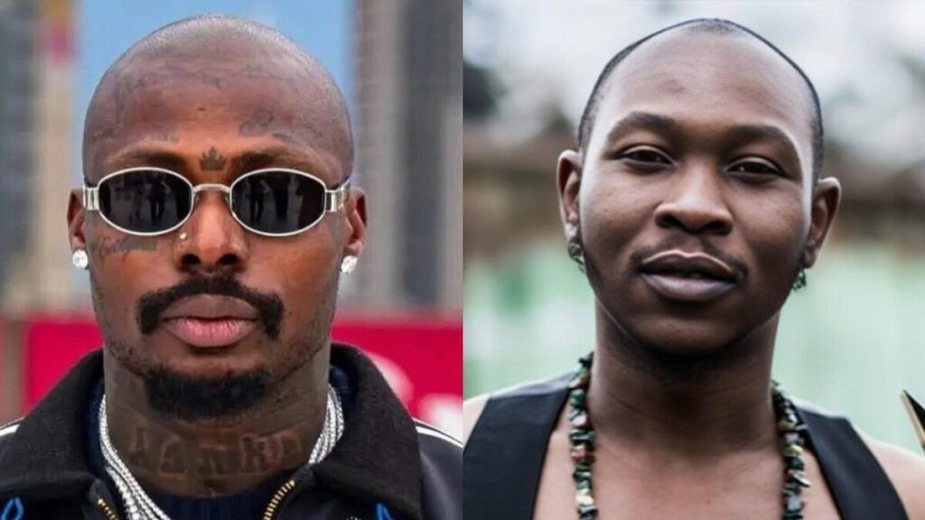 Portraits côte à côte d’Asake, lunettes de soleil, et de Seun Kuti