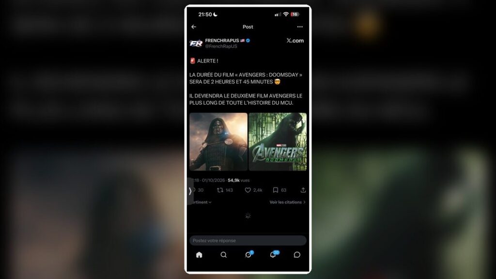 Capture relayant une durée annoncée de 2 h 45 pour Avengers Doomsday