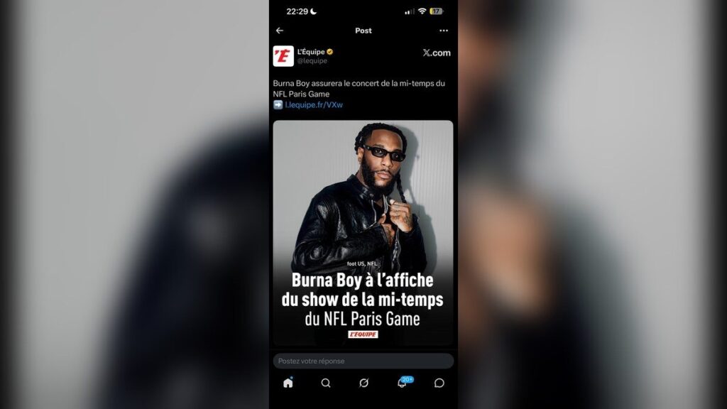 Publication annonçant Burna Boy au spectacle de la mi-temps du NFL Paris Game.