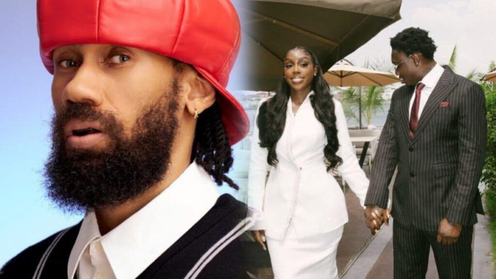 Le rappeur nigérian Phyno coiffé d’une casquette rouge, à côté d’une photo de couple