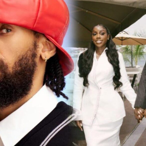 Le rappeur nigérian Phyno coiffé d’une casquette rouge, à côté d’une photo de couple