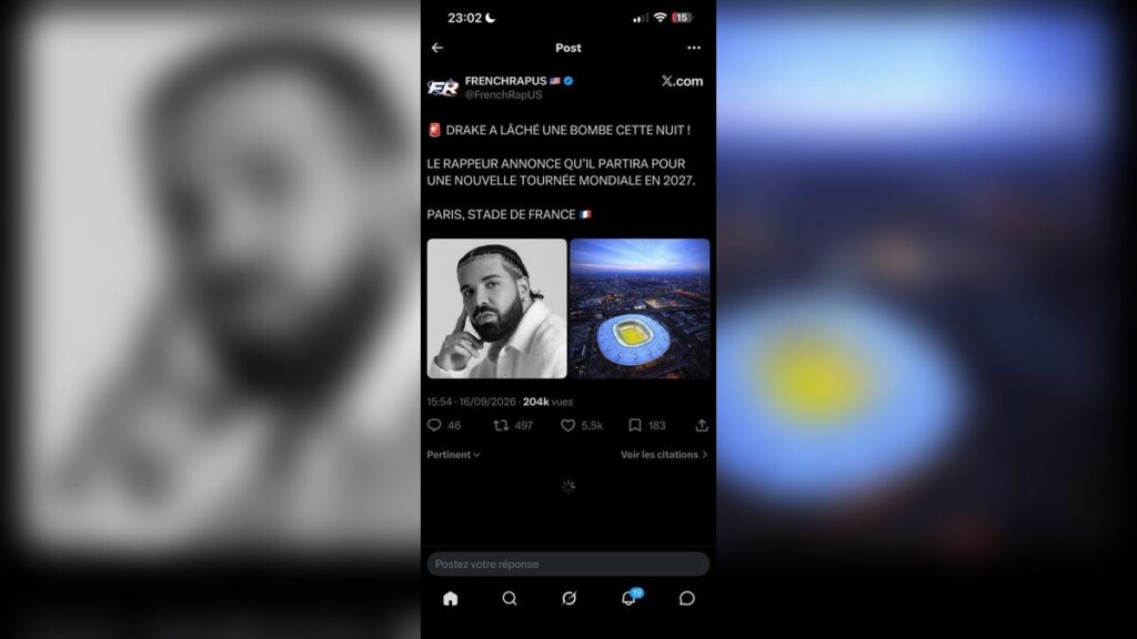 Capture d’écran d’un contenu consacré à Drake, utilisée pour illustrer son actualité musicale.