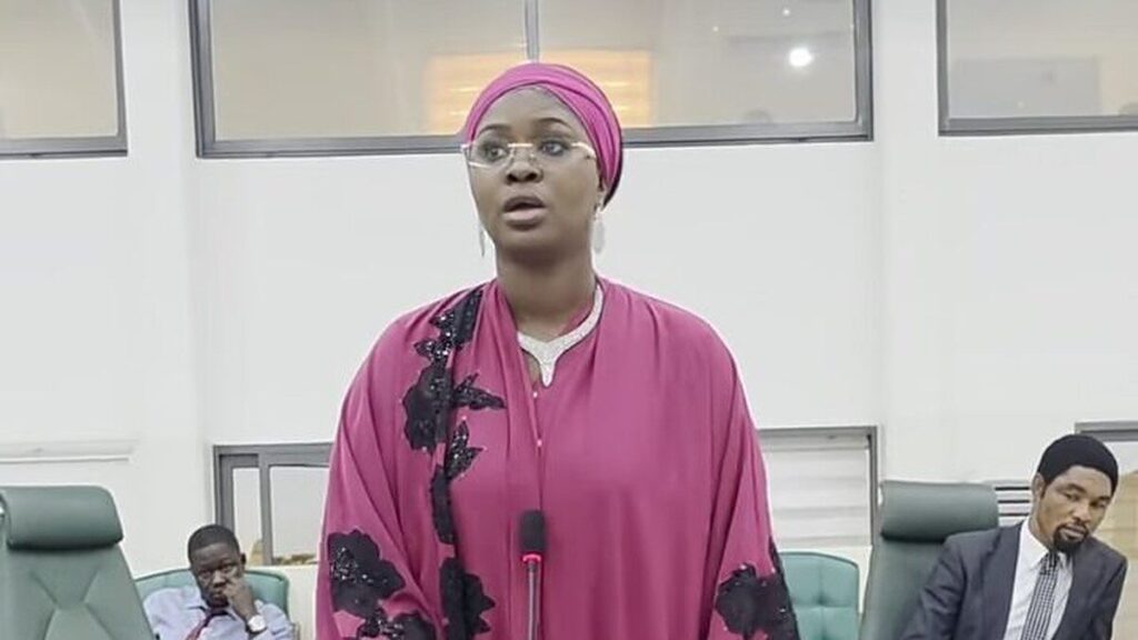 Natasha Osawaru prend la parole debout à l’Assemblée de l’État d’Edo