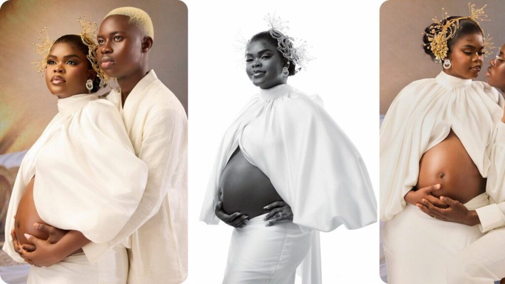 Peller et Jarvis posent en tenues blanches lors d’une séance photo de grossesse
