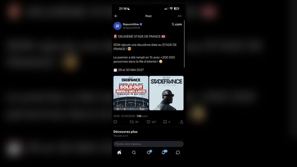 Capture annonçant une deuxième date de SDM au Stade de France