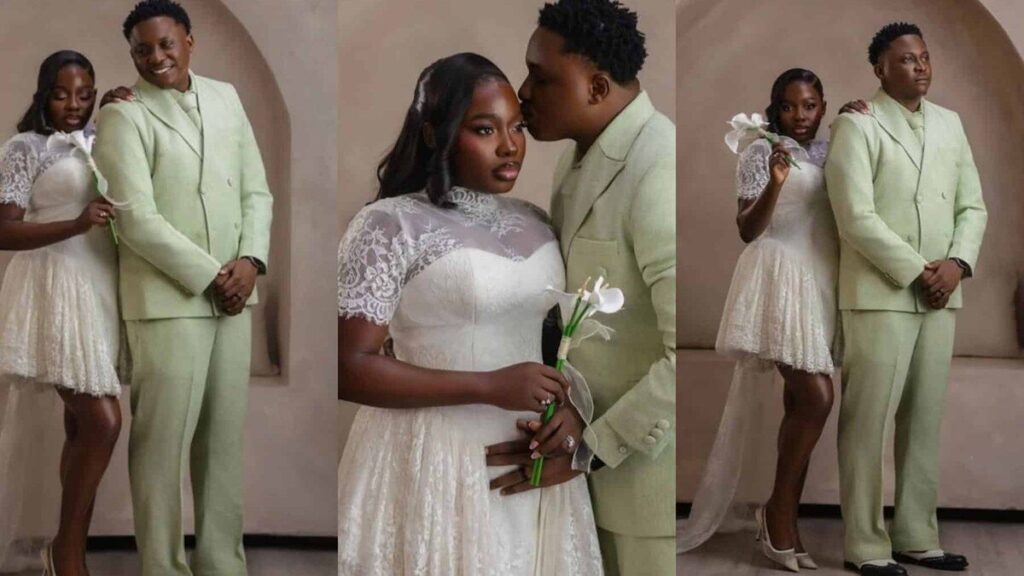 Tobi Makinde en costume vert pâle et son épouse en robe blanche lors de leur mariage civil